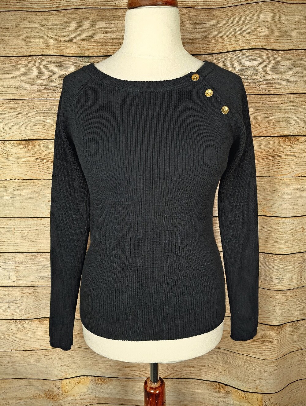 LAUREN Ralph Lauren Black Vertical Ribbed Sweater Gold Button Size Large